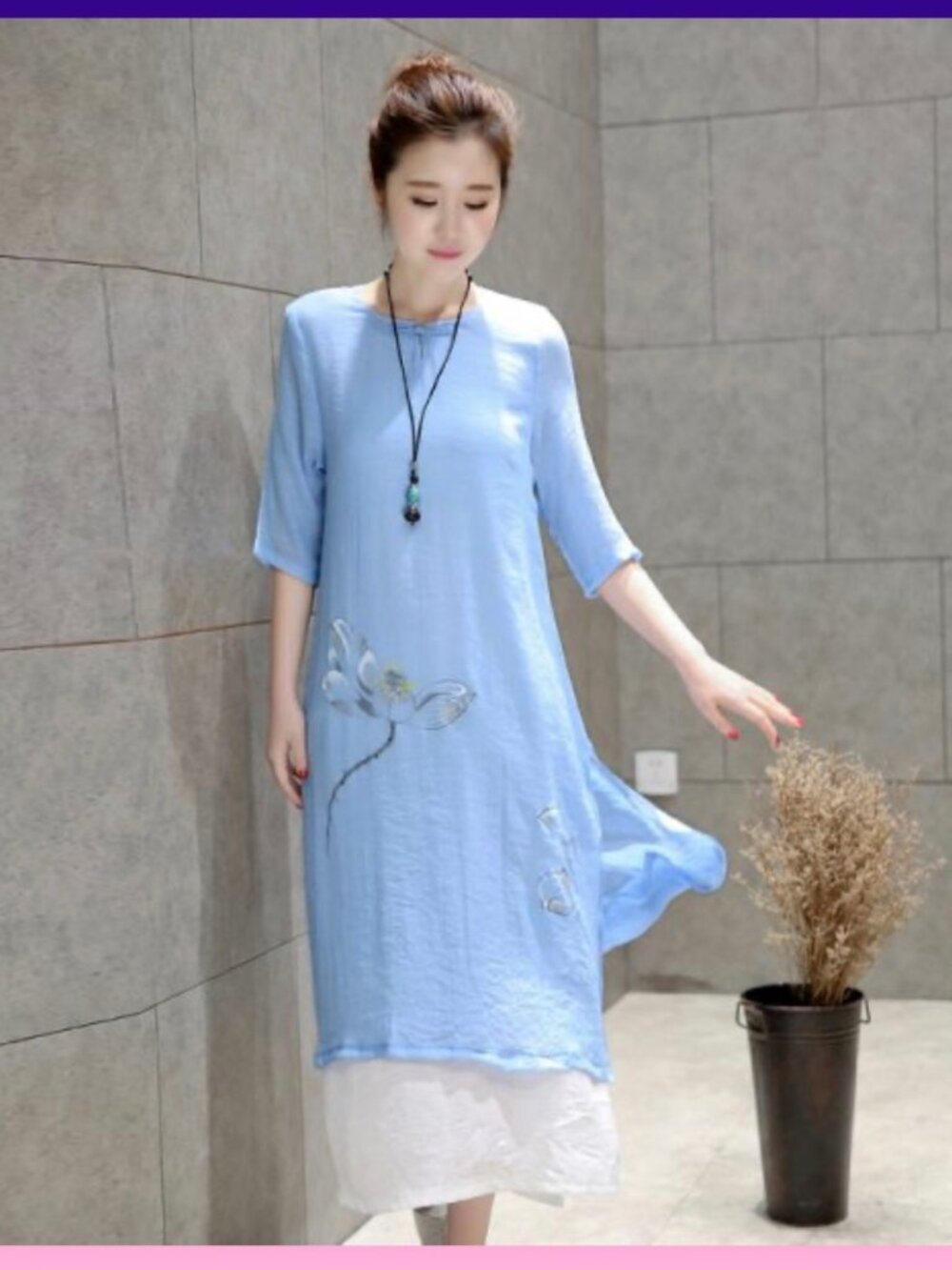 Lightweight ethereal cotton linen gauze midi layered summer dress lotus print